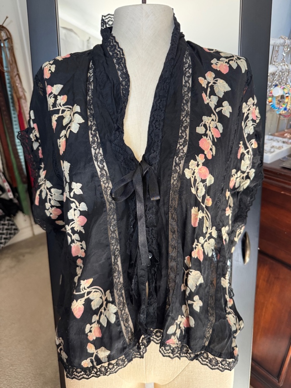 Free People Marigold Shine Black Floral Lace Trim Sheer Kimono- size M